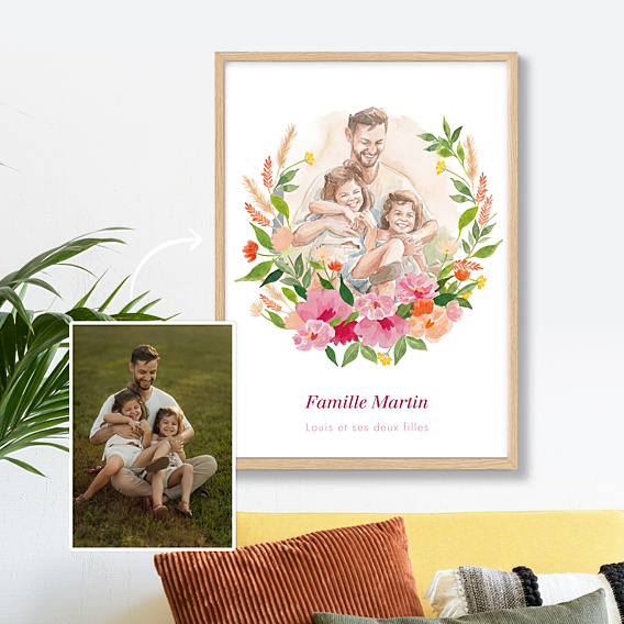 Poster famille Portrait en aquarelle avec couronne champêtre