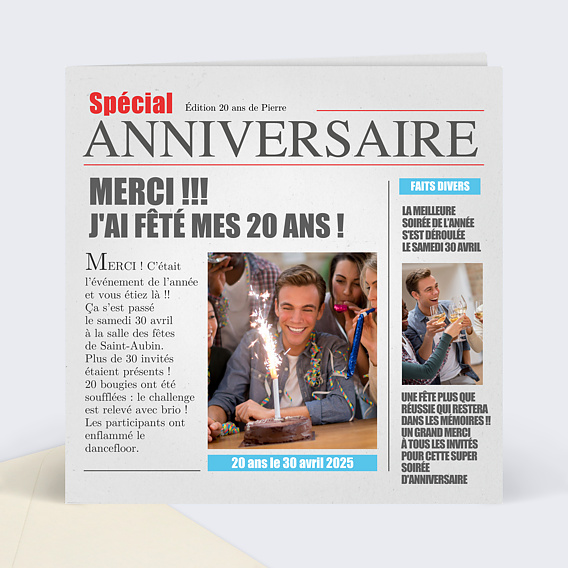 Carte remerciements anniversaire Journal