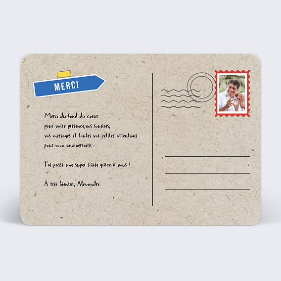 Carte remerciement anniversaire Panneau Verso