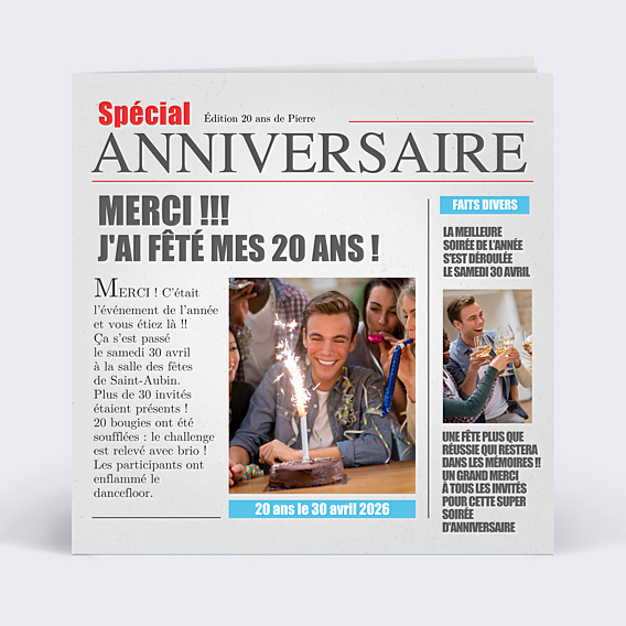 Carte remerciement anniversaire Journal