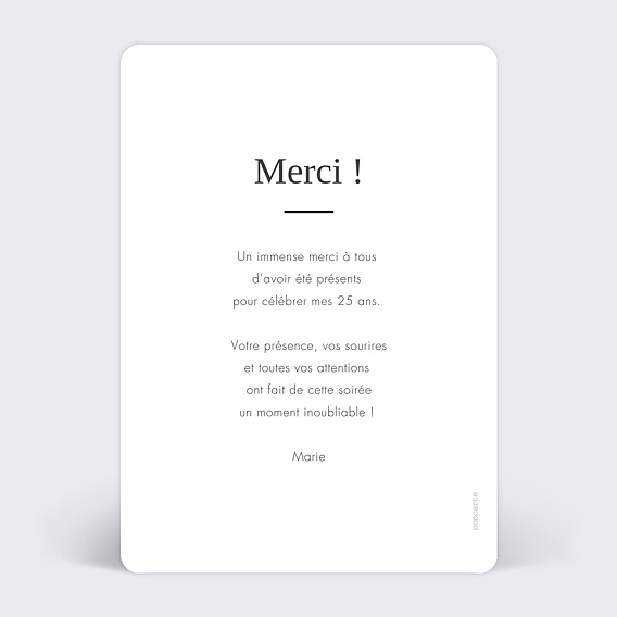 Carte remerciement anniversaire Belle Soirée Verso