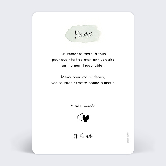 Carte remerciement anniversaire Tempo Verso