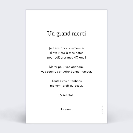 Carte remerciement anniversaire Typographie Cadre Verso