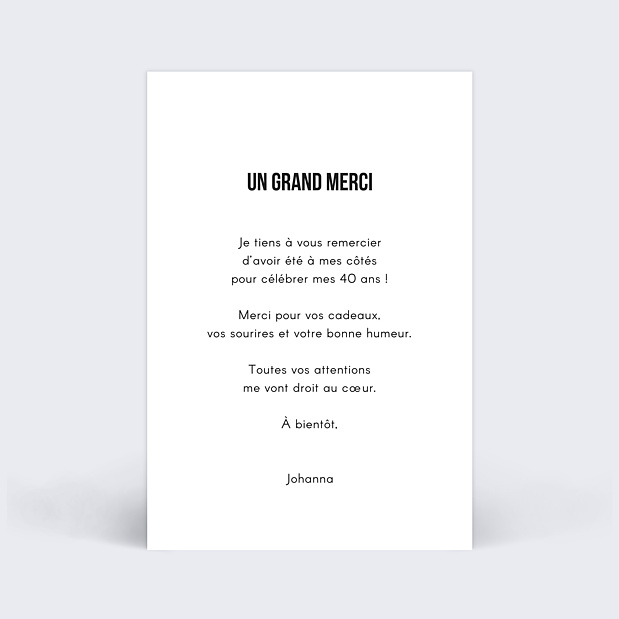 Carte de remerciement d'anniversaire Typographie cadre Verso