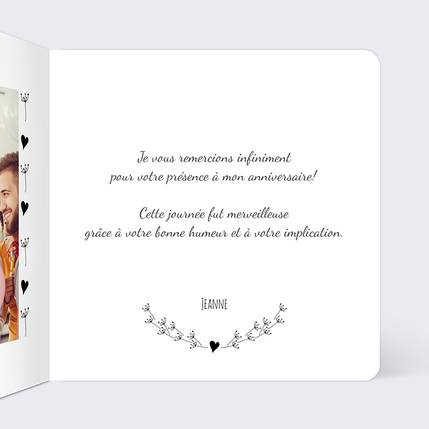 Carte de remerciement d'anniversaire coeur bucolique Intérieur Droit