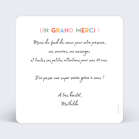 Carte remerciement anniversaire Lettres Colorées Verso