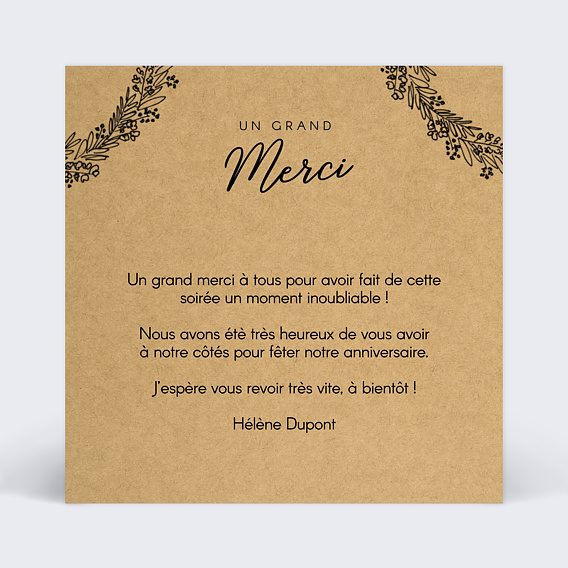 Carte remerciement anniversaire Couronne de Graminées Verso