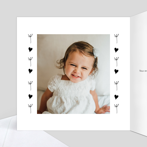 Carte de remerciement baptême Coeur bucolique 1 photo Intérieur Gauche
