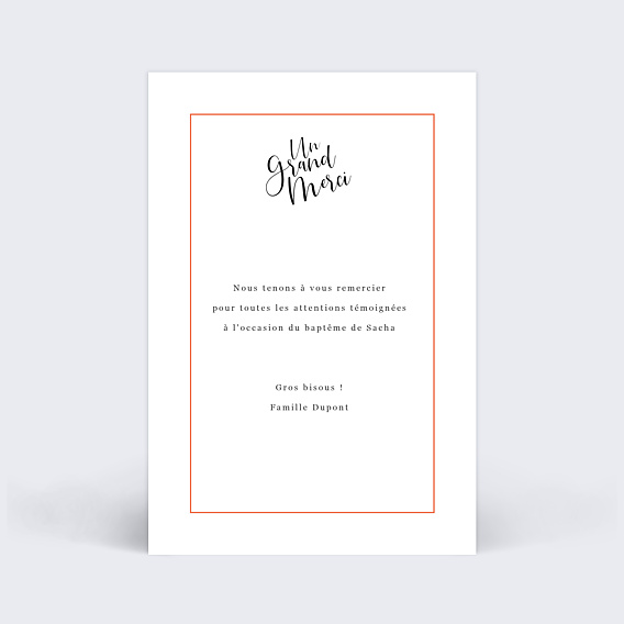 Carte remerciement baptême Cadre Typographique Verso