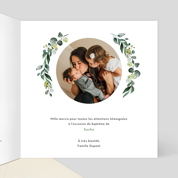 Carte remerciement baptême Découpe Eucalyptus Intérieur Droit