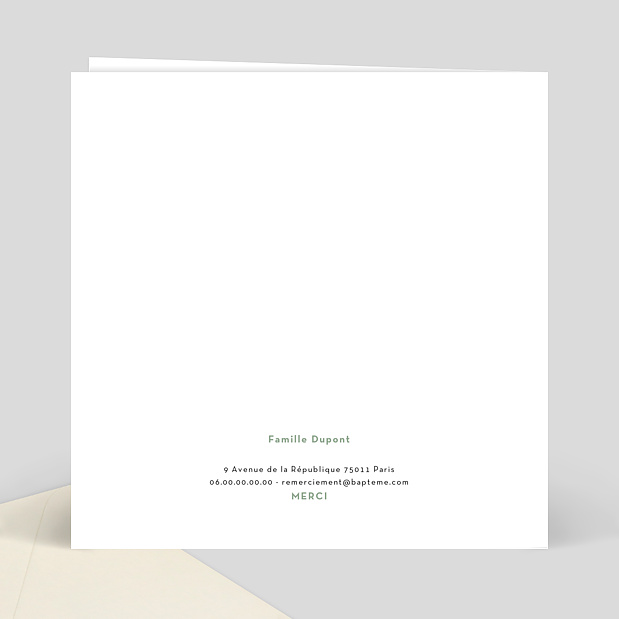Carte de remerciement baptême Découpe Eucalyptus Verso
