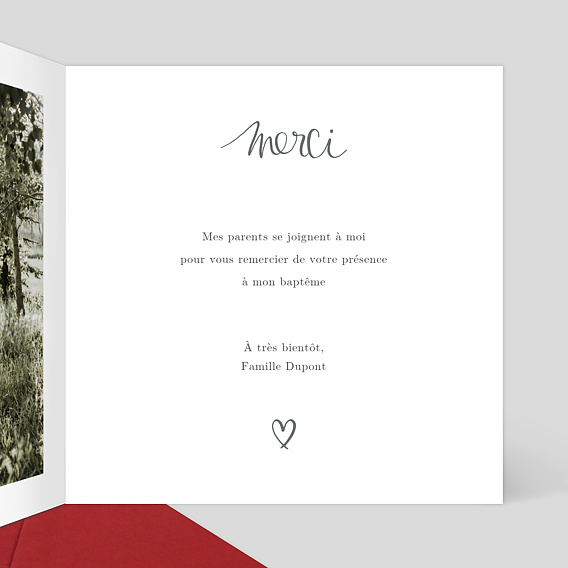 Carte remerciement baptême Jolie typo 2 photos Intérieur Droit