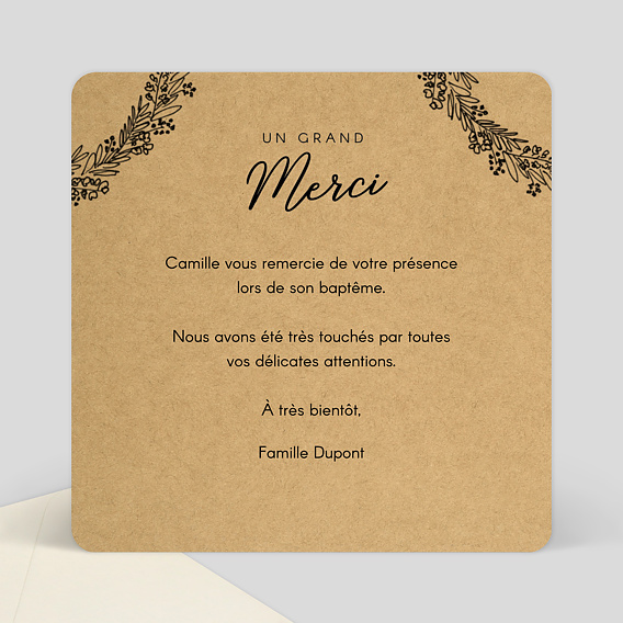 Carte remerciement baptême Couronne de graminées Verso