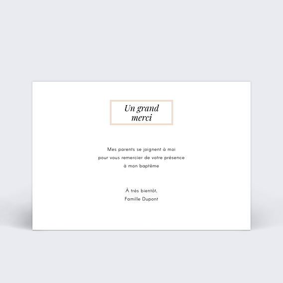 Carte remerciement baptême Etiquette poudrée Verso