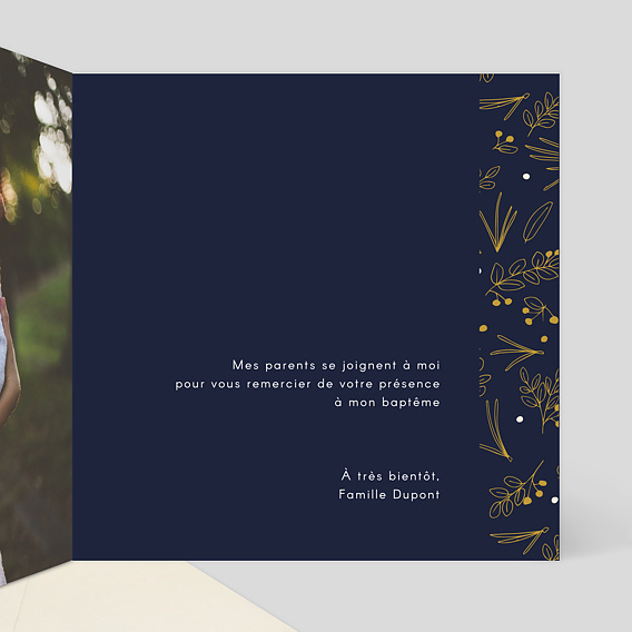 Carte remerciement baptême Champêtre Intérieur Droit