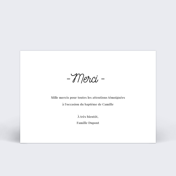 Carte remerciement baptême Tirets Verso