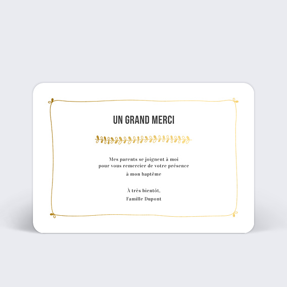 Carte remerciement baptême Jolies feuilles Verso
