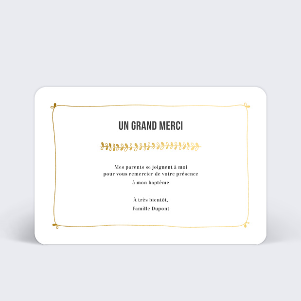 Carte de remerciement baptême Jolies feuilles Verso