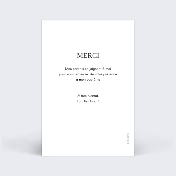 Carte remerciement baptême Typographie Merci Verso