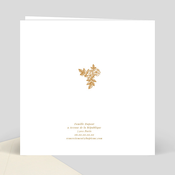 Carte remerciement baptême Découpe Baroque Verso