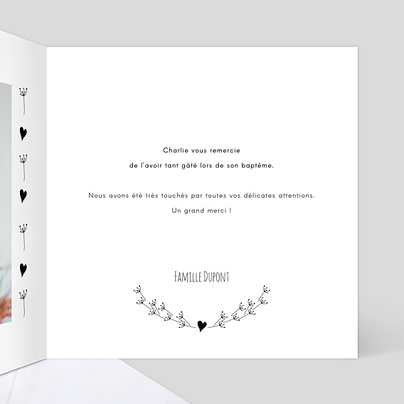 Carte remerciement baptême Coeur bucolique 1 photo Intérieur Droit