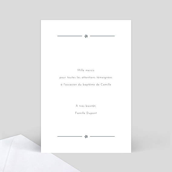 Carte remerciement baptême Cadre chic 3 photos Verso