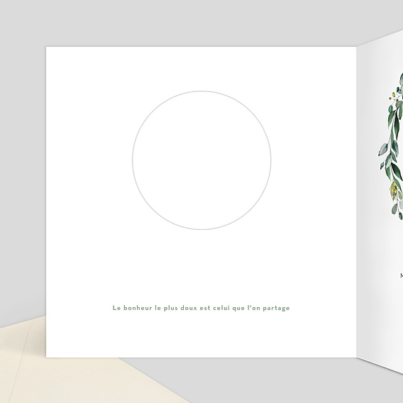 Carte remerciement baptême Découpe Eucalyptus Intérieur Gauche