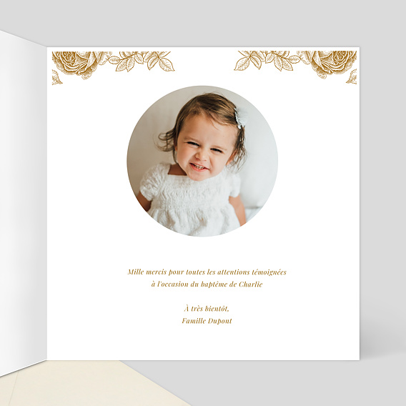 Carte remerciement baptême Découpe Baroque Intérieur Droit