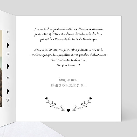Carte remerciement décès Coeur Bucolique 1 photo Intérieur Droit
