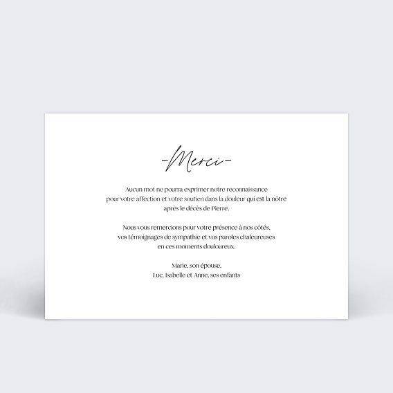 Carte remerciement décès Tirets Verso