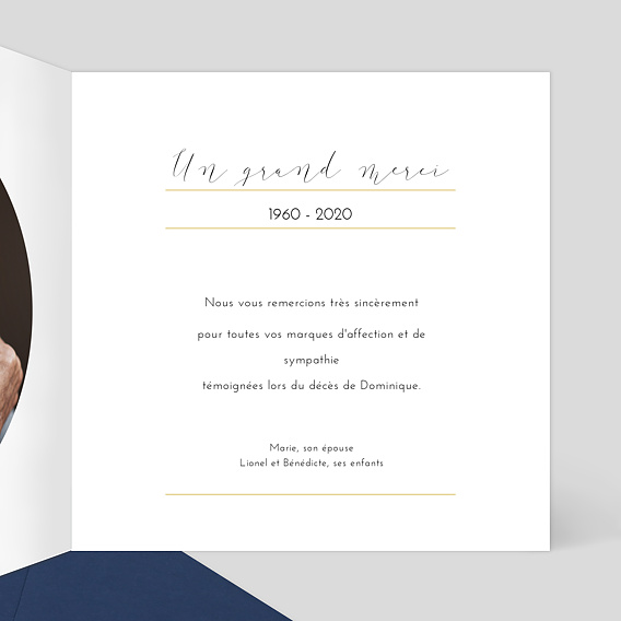 Carte remerciement décès Dorure Couronne Photo Intérieur Droit