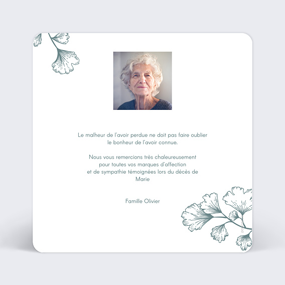 Carte remerciement décès Botanique Verso