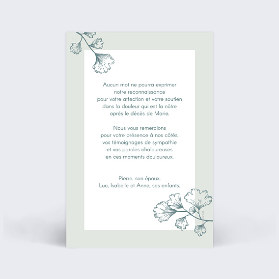 Carte remerciement décès Botanique Simple Verso
