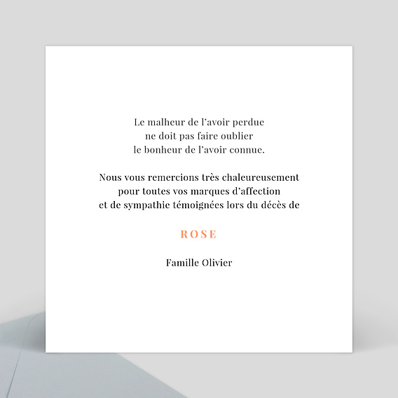 Carte remerciement décès Simplicité Verso