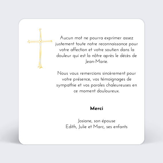 Carte remerciement décès Croix d'Or Verso