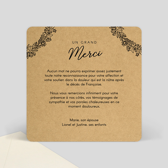 Carte remerciement décès Couronne de Graminées Verso