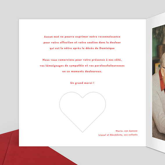 Carte remerciement décès Découpe Coeur Intérieur Gauche