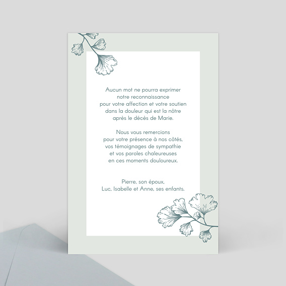 Carte remerciement décès Botanique Simple Verso