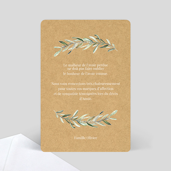 Carte remerciement décès Lauriers simple Verso