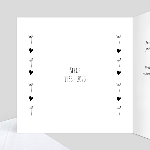 Carte remerciement décès Coeur Bucolique Simple Intérieur Gauche