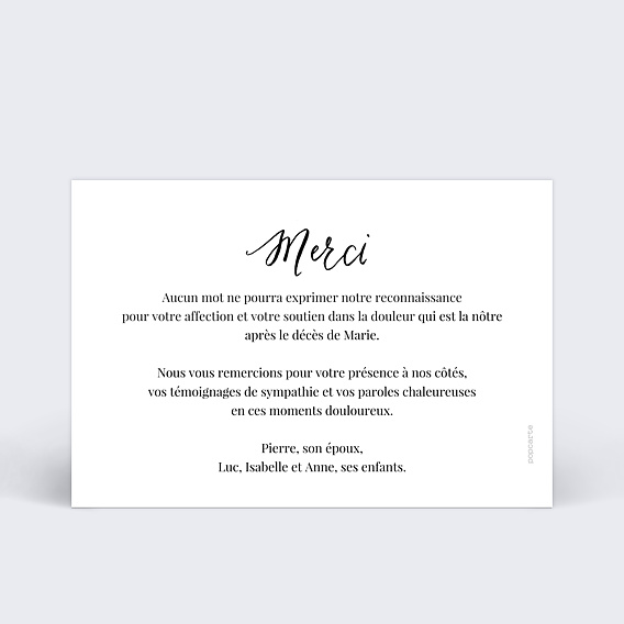 Carte remerciement décès Calligraphie Verso