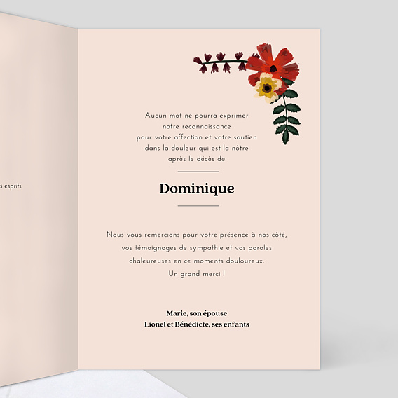 Carte remerciement décès Anémone Intérieur Droit