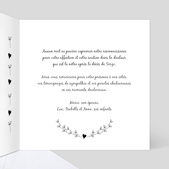 Carte remerciement décès Coeur Bucolique Simple Intérieur Droit