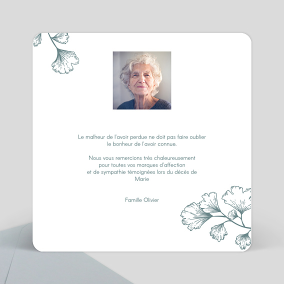 Carte remerciement décès Botanique Verso