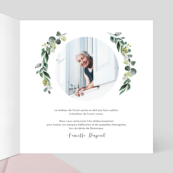 Carte remerciement décès Découpe Eucalyptus Intérieur Droit