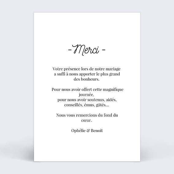 Carte remerciement mariage Tirets Noir Verso