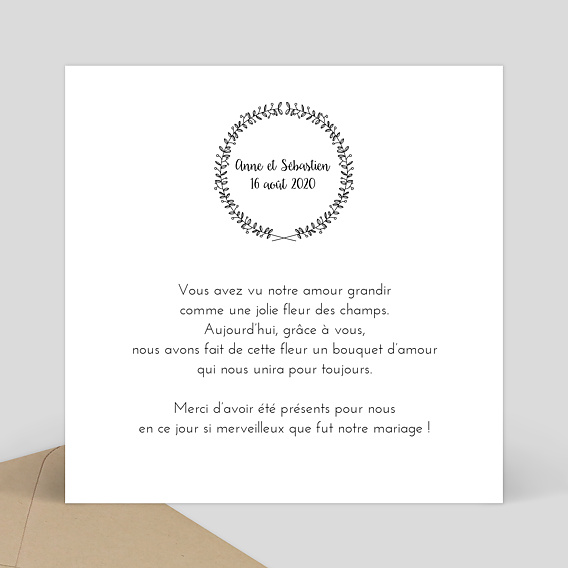 Carte remerciement mariage Couronne Fleurie Verso