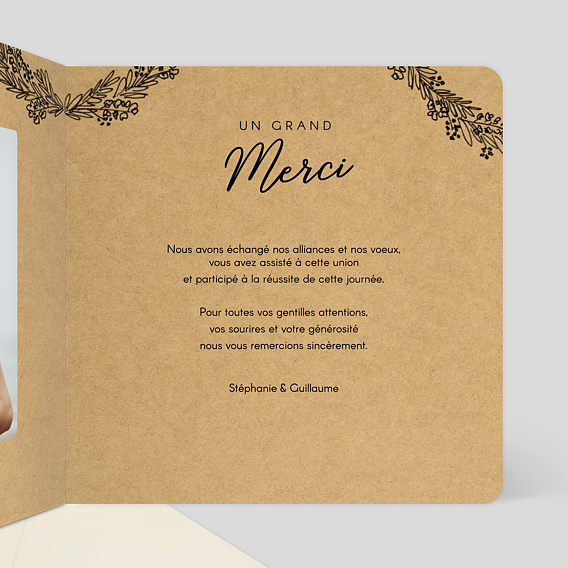 Carte remerciement mariage Couronne de Graminées Intérieur Droit