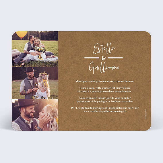 Carte remerciement mariage Bohème Verso