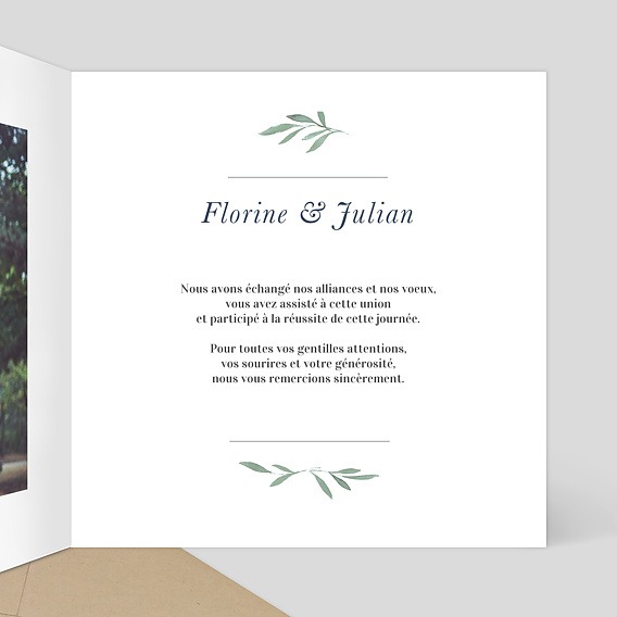 Carte remerciement mariage Couronne de Laurier Intérieur Droit